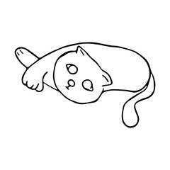 Black line a Cat lying on white silhouette. Hand drawn cartoon style. Doodle for coloring, decoration or any design. Vector illustration of kid art.