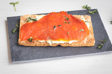 Wild Norwegian smoked Salmon on a cracker 