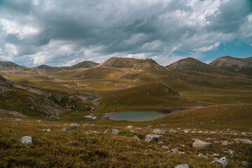 lake high in the mountains, glaciers and water in the mountains. Kazakhstan, Central Asia