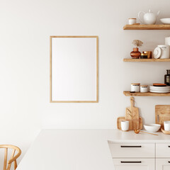 Frame & Poster mockup in kitchen interior.  Boho style.  3d rendering, 3d illustration	 - 423008948