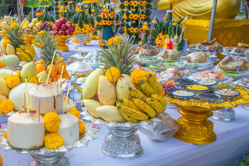 Food or vegetable or fruit offerings for the gods of Thailand culture.