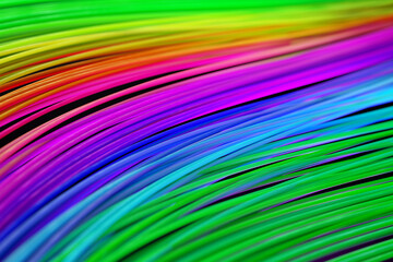 Colourful background illustration. Curved multi-coloured lines, strings or cables. 3D illustration