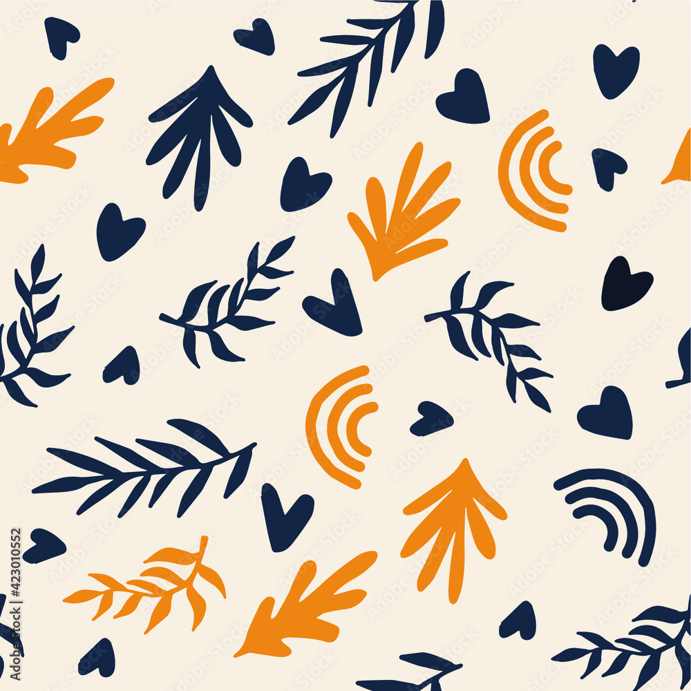 Poster Beautiful Mid- Century Boho style Pattern with Palm Branches. Repeating Vector Design in warm color palette.