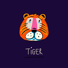 Cute illustration with cartoon character. Kindly tiger face isolated on dark background. Doodle style. Design element for baby t-shirt print, logo, game card, cover book. Stock vector illustration