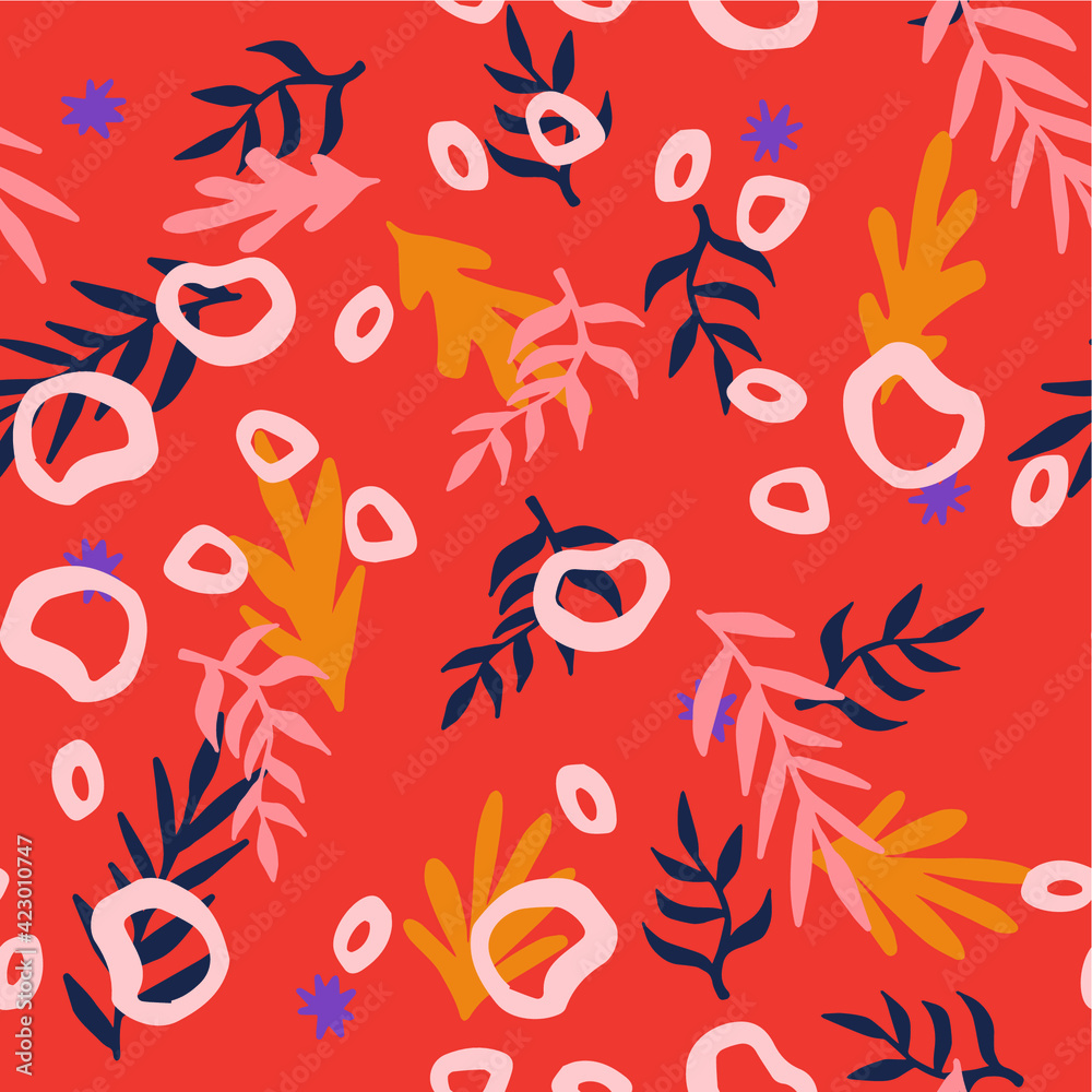 Aufkleber Beautiful Mid- Century Boho style Pattern with Palm Branches. Repeating Vector Design in warm color palette.