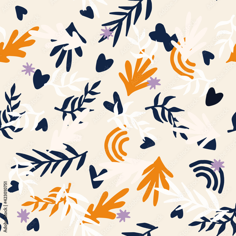 Poster Beautiful Mid- Century Boho style Pattern with Palm Branches. Repeating Vector Design in warm color palette.