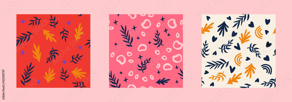 Poster Beautiful Mid- Century Boho style Pattern with Palm Branches. Repeating Vector Design in warm color palette.