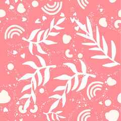 Beautiful Mid- Century Boho style Pattern with Palm Branches. Repeating Vector Design in warm color palette.
