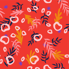 Beautiful Mid- Century Boho style Pattern with Palm Branches. Repeating Vector Design in warm color palette.