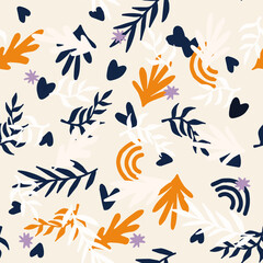 Beautiful Mid- Century Boho style Pattern with Palm Branches. Repeating Vector Design in warm color palette.
