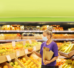 Woman buying fruits at the market,supermarket shopping, face mask and gloves,Woman choosing a dairy products at supermarket