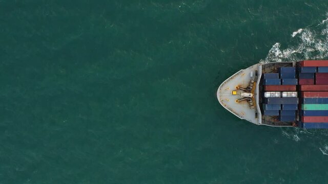 Aerial of smart cargo ship carrying container and running for export goods from cargo yard port to other ocean concept freight shipping ship and related to marine insurance,concept Logistics Supply Ch