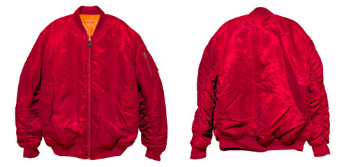 Bomber jacket color red front and back view on white background
