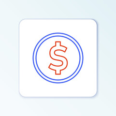 Line Coin money with dollar symbol icon isolated on white background. Banking currency sign. Cash symbol. Colorful outline concept. Vector