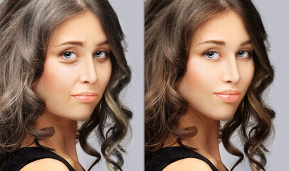 Aging. Mature woman-young woman.Face with skin problem.Showing photos before and after.