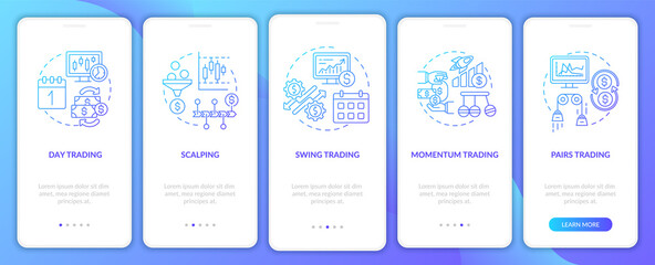 Stock trade styles onboarding mobile app page screen with concepts. Day, momentum trading walkthrough 5 steps graphic instructions. UI, UX, GUI vector template with linear color illustrations