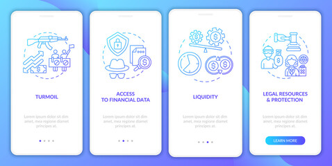 Worldwide stock problems onboarding mobile app page screen with concepts. Legal resources, turmoil walkthrough 4 steps graphic instructions. UI, UX, GUI vector template with linear color illustrations