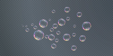 Collection of realistic soap bubbles.Bubbles are located on a transparent background.  Vector flying soap bubbles.  Bubble PNG. Water glass bubble realistic png	