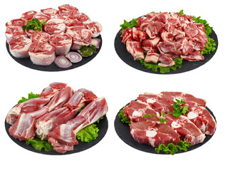 Set of raw chopped lamb meat isolated on white
