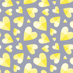 Seamless vector pattern with illuminating yellow hearts. Romantic texture with quartz gold hearts in trendy color. Cute abstract vector illustration on a gray  background. For a wrap, print, card.