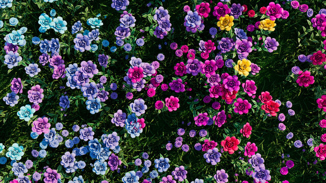 Multicolored Flower Background. Floral Wallpaper with Pink, Purple and Blue Roses. 3D Render