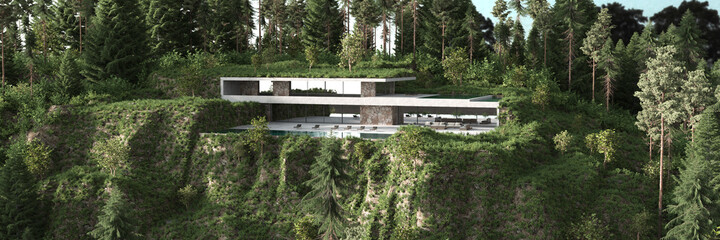 Modern building architecture design, home terrace, swimming pool, sun lounger, window, concrete, stone. beautiful mountains,  Nature, forest, trees, panoramic view. 3d rendering illustration exterior.