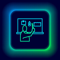Fototapeta premium Glowing neon line Stop plastic pollution icon isolated on black background. Ecological poster. Colorful outline concept. Vector