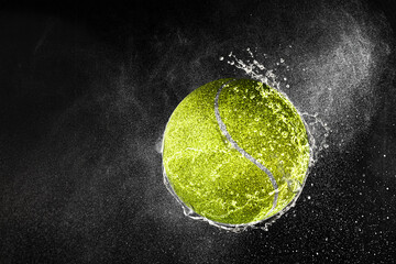 Tennis ball flying in water drops and splashes isolated on black background