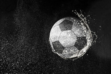 Football, soccer ball flying in water drops and splashes isolated on black background