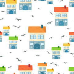 Seamless pattern with cute houses on white and transparent backgrounds. City living concept.