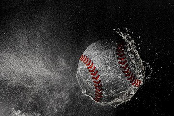 Baseball ball flying in water drops and splashes isolated on black background