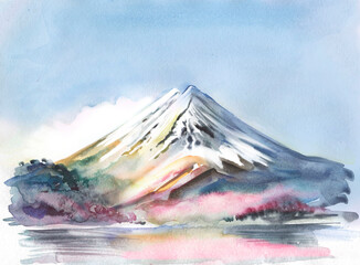 Watercolor image of Fujiyama, mountain, Japan, spring landscape 