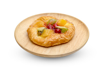 danish pastry with fruits in wooden dish isolated on white background ,include clipping path