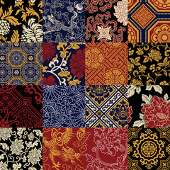 Traditional Chinese fabric patchwork wallpaper abstract floral vector seamless pattern