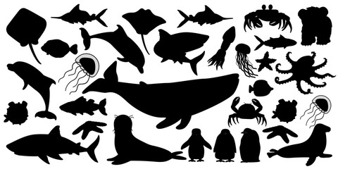 Big set of vector silhouette cartoon isolated sea ocean north animals. Whale, dolphin, shark, stingray, jellyfish, fish, stars, crab, king Penguin chick, octopus, fur seal, polar bear cub on white.