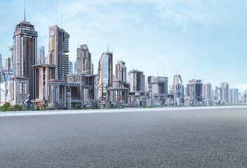 Obraz premium Сity skyline with empty asphalt square floor 3D scene. Cityscape concept illustration: modern office high towers, city buildings, skyscrapers. Panoramic urban view of metropolis town, sky background
