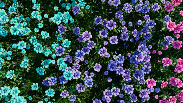 Multicolored Flower Background. Floral Wallpaper with Turquoise, Purple and Pink Roses. 3D Render