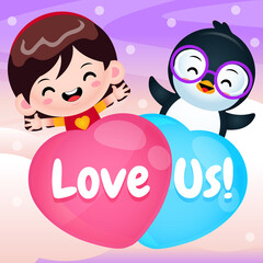 Cartoon Cute Girl And Penguin Flying With Love Balloon