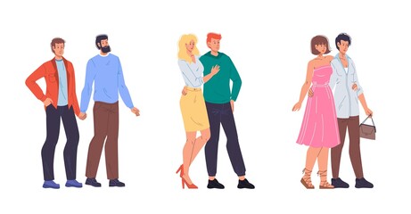 Fototapeta premium Set of vector cartoon flat hetero and homosexual characters lover couples,young people in love - communication,emotions,love,social concept