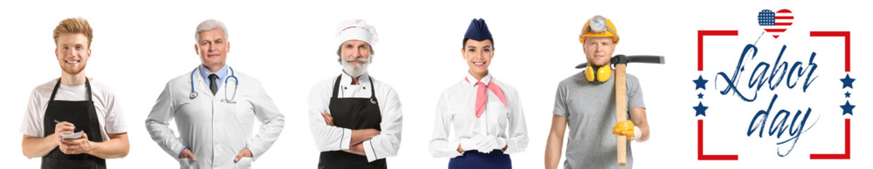 People of different professions and text LABOR DAY on white background