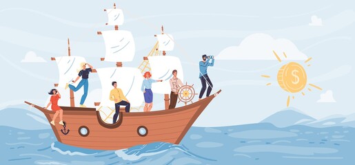 Vector cartoon flat characters sail on ship looking into distance on shiny coin - various poses and person professions - profit searching,business,money investing concept