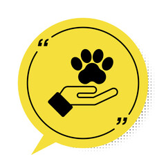 Black Hands with animals footprint icon isolated on white background. Pet paw in heart. Love to the animals. Yellow speech bubble symbol. Vector