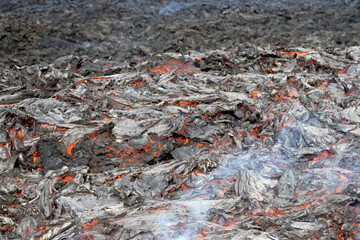 Texture of volcanic lava. Volcano eruption at Fagradalsfjall, Iceland.