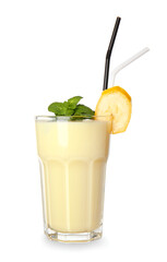 Glass of tasty banana milkshake on white background