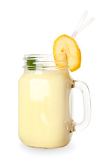 Mason jar of tasty banana milkshake on white background