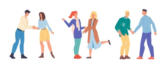 Set of cartoon flat characters friends shaking hands,happy greeting each other-various poses,emotions,social communication and friendship concept