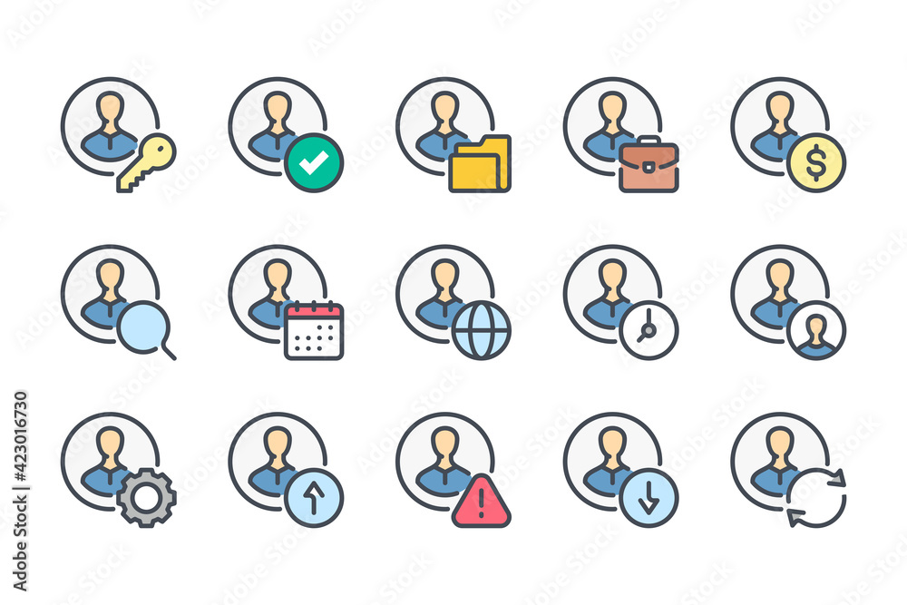 Poster account and user profile settings color line icon set. avatar with options linear icons. customer pr
