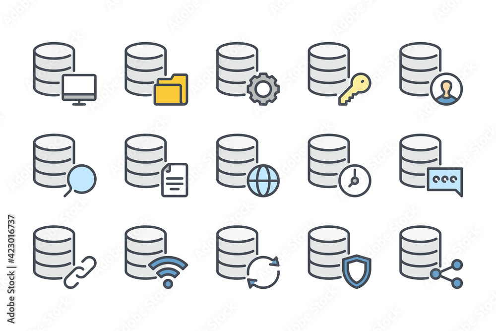 Poster database and cloud server color line icon set. network and hosting linear icons. data transfer and o