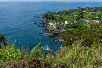Viewpoint to Caloura bay on Sao Miguel with the natural pool, Azores Islands, Portugal