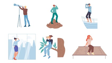 Set of cartoon flat characters looking into the distance using binoculars and hand - various poses,professions and persons,exploration,researching concept